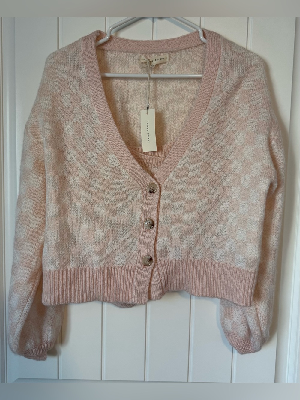Soft Pink Check Knit V-Neck Cardigan and tank set